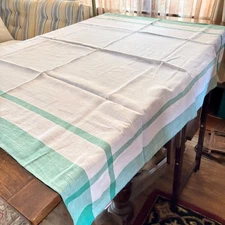 Vintage 1950s Green & White Linen Tablecloth Cottagecore Country Shabby Chic