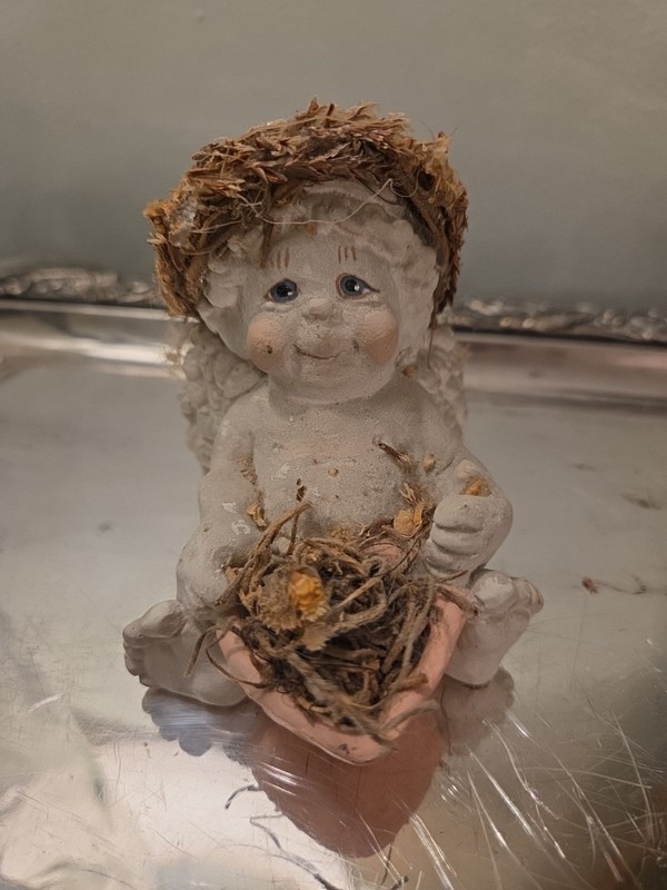vintage Dreamsicle ceramic baby angel figurine with a nest
