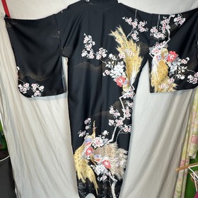 Vintage Made in JAPAN Kimono Robe -Peacock Bird +Belt Geisha Womens Lounge Patio