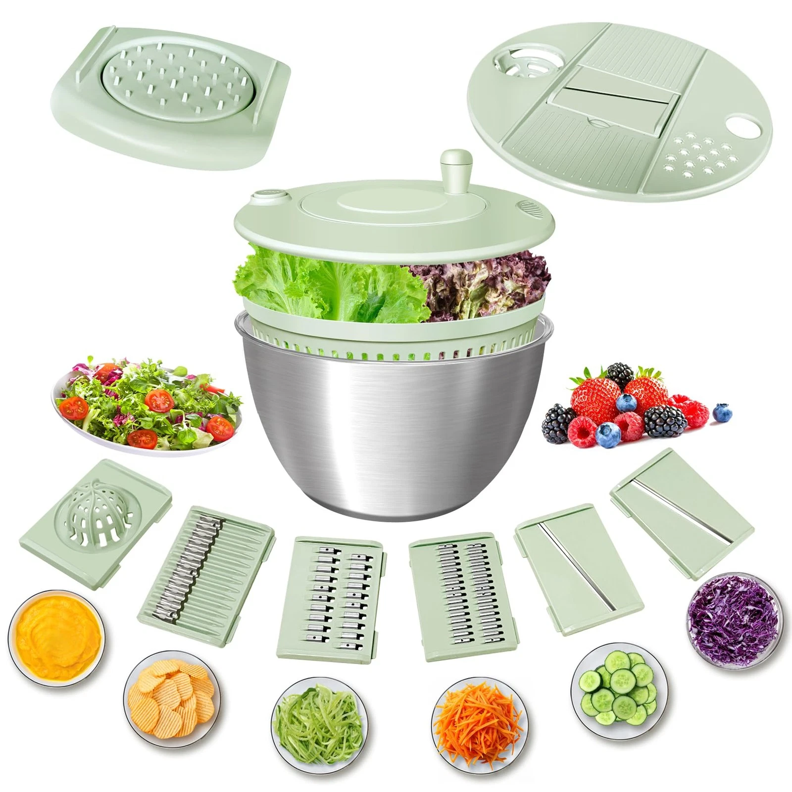 Stainless Steel Salad Spinner, Durable Lettuce Spinner with 5 Blade Slicer, S...