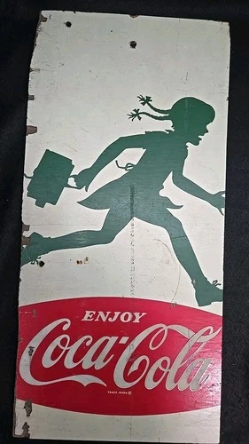VINTAGE COCA COLA DOUBLE SIDED SCHOOL DRIVE SAFELY GIRL & BOTTLE SIGN WOOD (@W)