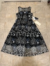 Adrianna Papell Women Black Blue Embroidered Lace Fit Flare Midi Dress NWTSize 2