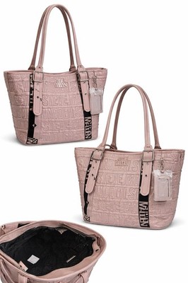 Steve Madden Pink Quilted Logo Tote Bag with Double Handles and Zip Closure