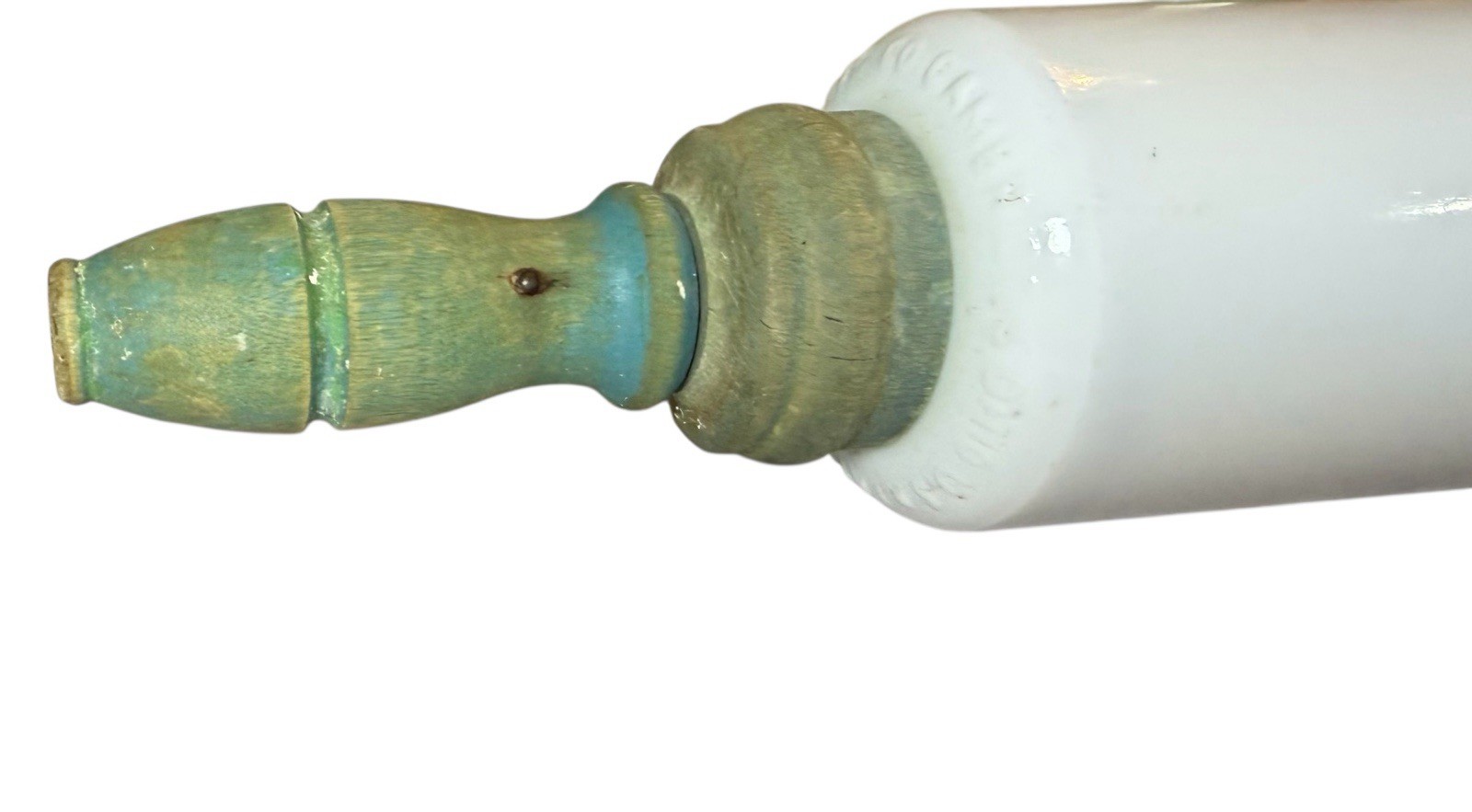 Antique Imperial Milkglass Rolling Pin With Green Painted Wooden Handles 1920s