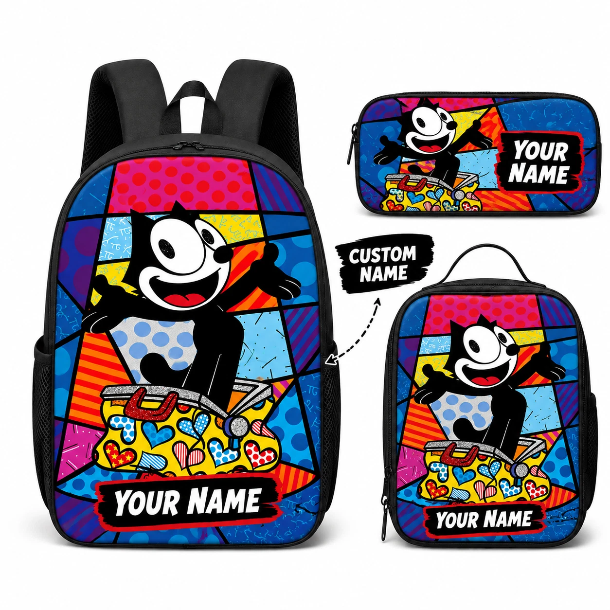 Personalized Cartoon Cat Backpack Lunch Bag Pencil Case 3PCS School Bag Set Kids