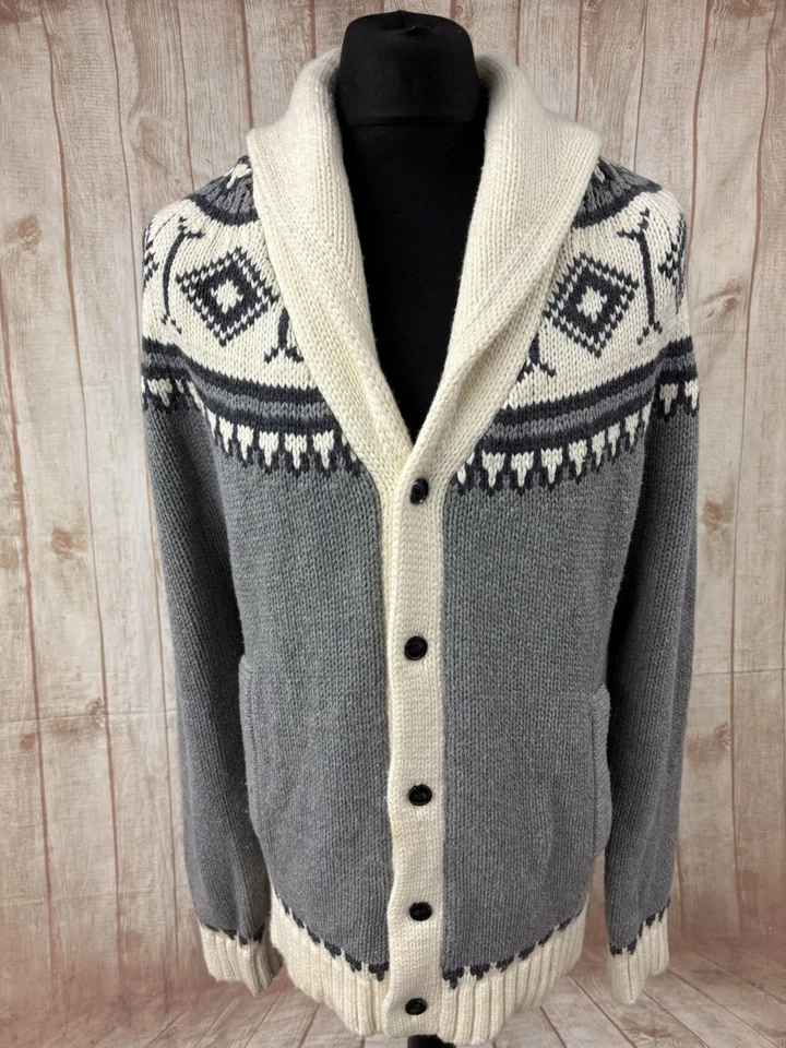 Reiss Mens XL Wool Blend Nordic Fair isle Shawl Cardigan Chunky Knit Christmas - Image 3 of 4