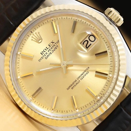 ROLEX DATEJUST 1601 14K YELLOW GOLD STEEL CHAMPAGNE BLACK LEATHER BAND WATCH