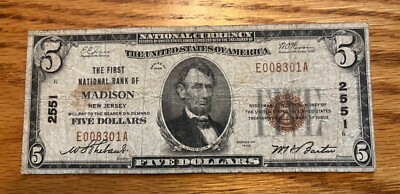 Madison New Jersey , First national bank,  $5, 1929 type one Scarce