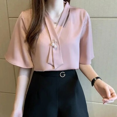 Temperament Elegant Flared Sleeve V-neck Loose Chiffon Shirt Summer Korean Top