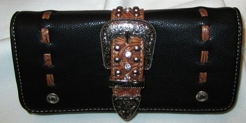 Cartera Vaquera/Hebilla Chequera/Tachonada/Cosida - Cuero Sintético Marrón Oscuro