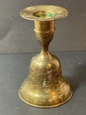 Vintage Hand Carved Brass Candle Stick Holder/Bell Signed Z.Y. India