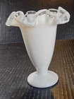 Vntg Fenton Silver Crest Milk Glass Trumpet 6 1/2" Vase W/ Ruffed Clear Edge USA