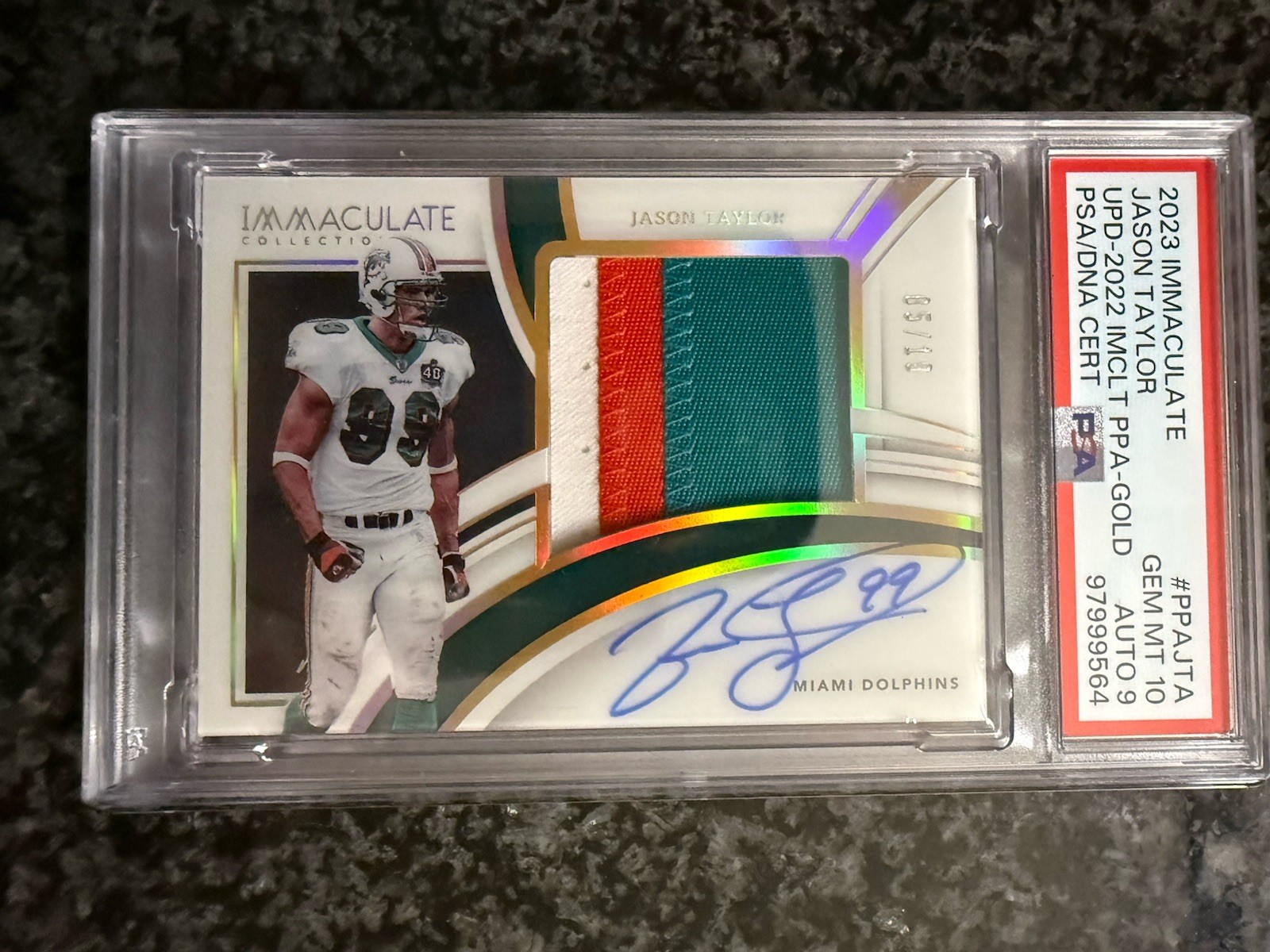 2023 Immaculate Jason Taylor Premium Patch Gold 3 Clr Dolphins /10 PSA 10 Auto 9