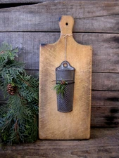 Small Early Antique Bread Cutting Board w Old Tin Spice Grater