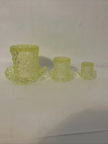 Vtg Fenton Uranium Glass Daisy Button Top Hat Set Vaseline Glows Vase