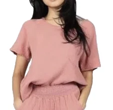 Rewash Junior's Gauze Crepe Top Short Sleeve Relax Fit 100% Cotton Size S Pink