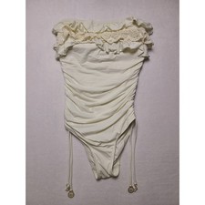 Y2K Juicy Couture S One Piece Swimsuit Boho Ruffle Crochet Cream Strapless 00s