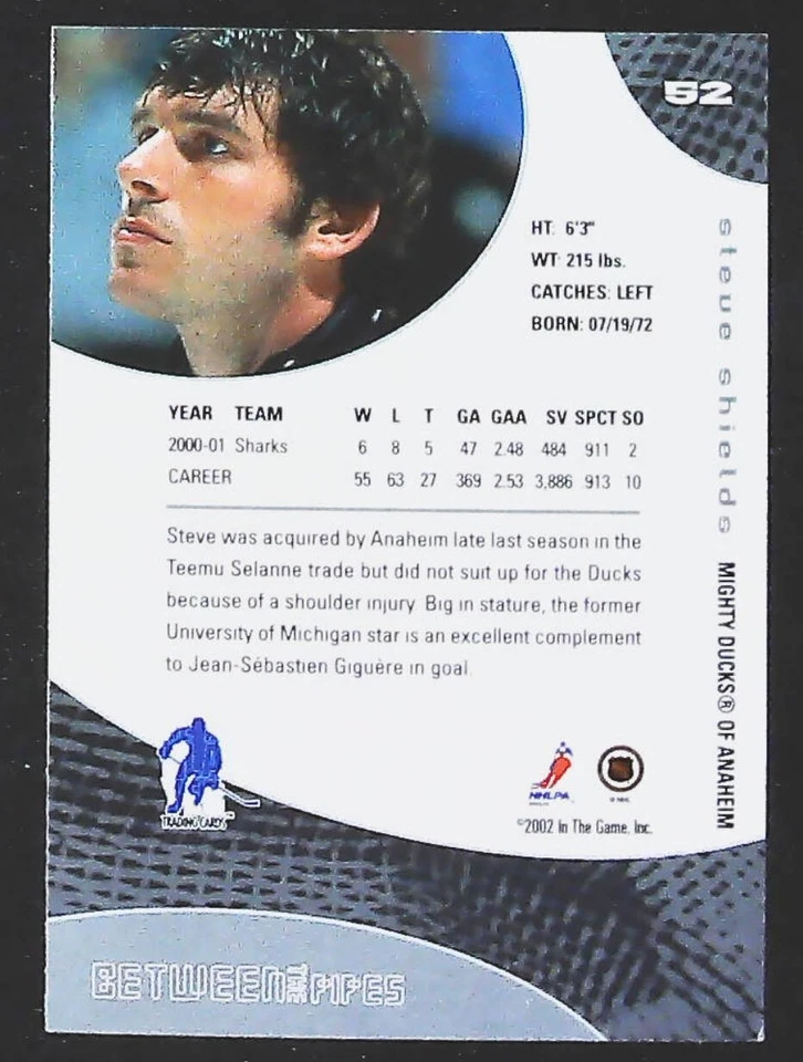 2001-02 Be a Player Between the Pipes Steve Shields #52 Anaheim Mighty Ducks - Image 2 of 2