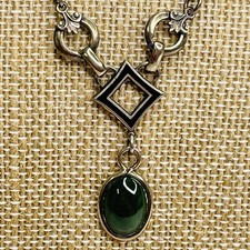 Vintage Amco Sterling Silver Drop Necklace Pendant Black Enamel Green Stone
