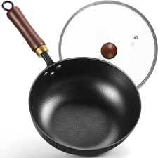 Carbon Steel Wok, 9.5" Deep Frying Pan with Lid, Flat Bottom Small Wok, Bi-Thick