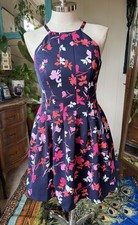 Vince Camuto Navy Blue Floral Pleated Fit & Flare Dress With Pockets Size 10