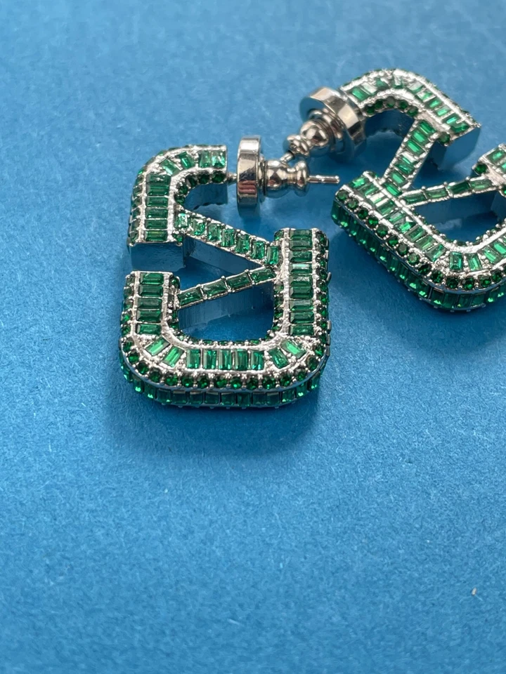 Valentino Silver V Logo Square Shaped Green Crystal Hoop Earrings - Image 2 of 4