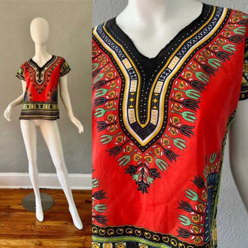 Vintage 70s Red DAMASK Ethnic Tribal Hippie Boho Blouse Top XS - Picture 1 of 11