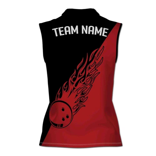 Personalized Black and Red Bowling Flame Pattern Grunge Women Sleeveless Polo