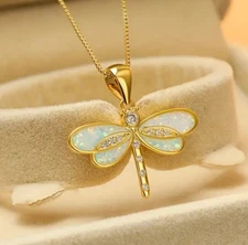 White Opal Dragonfly Gold Pendant Necklace Crystal Beautiful Nature Jewelry