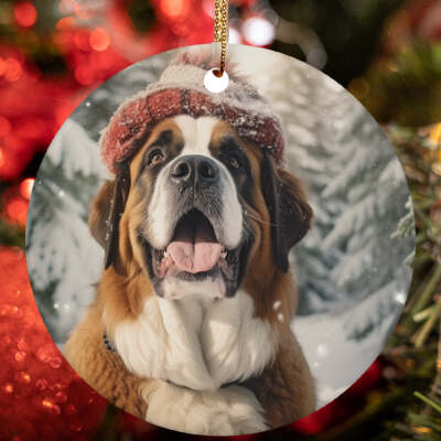 Cute St. Bernard Dog Santa Hat Snow Winter Christmas Ornament Gift ...
