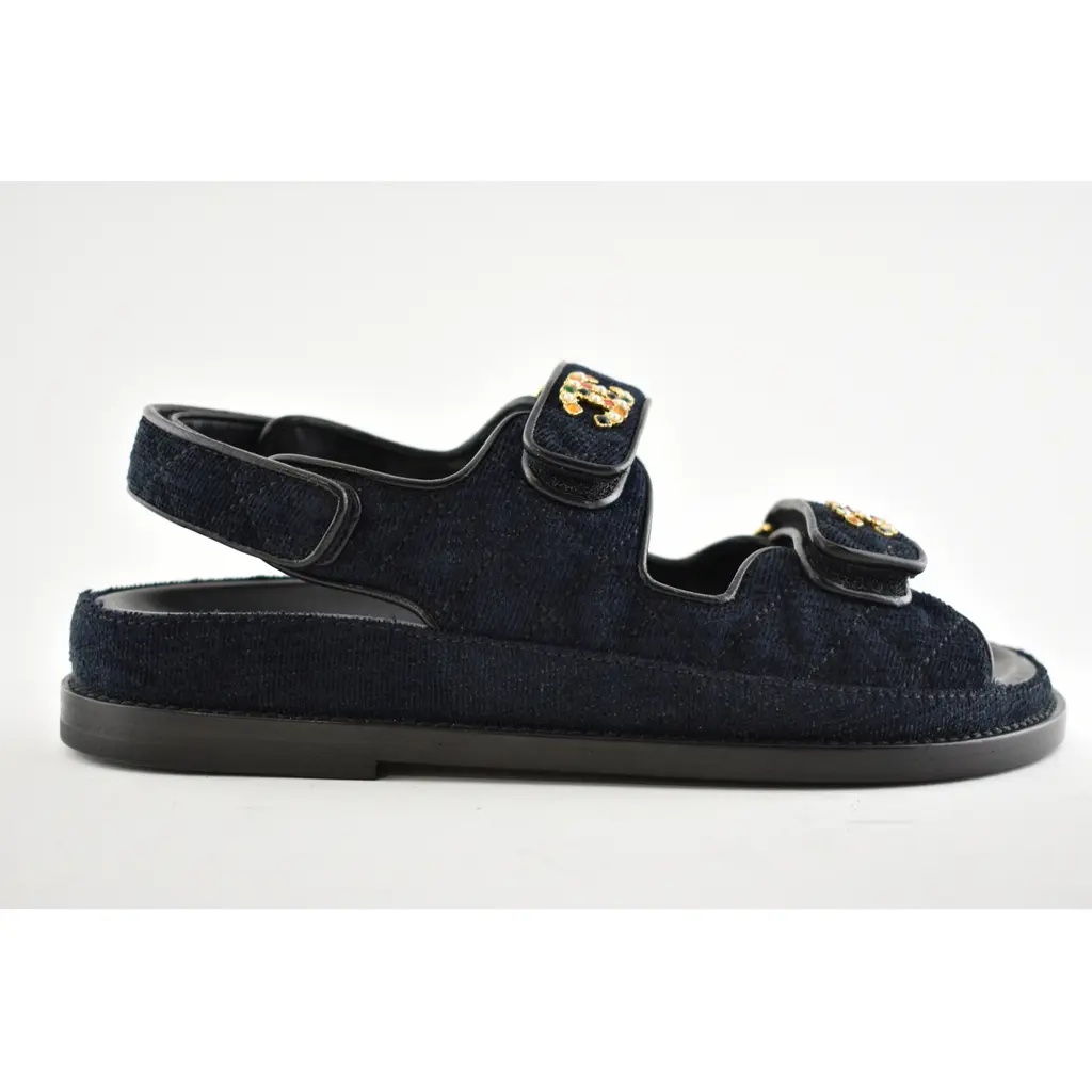 Chanel 21A Blue Velvet Denim CC Logo Mule Slide Strap Flat Teva