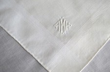 VINTAGE HANDKERCHIEF MENS WHITE FINE COTTON HAND ROLLED EDGES MONOGRAM "A M H"