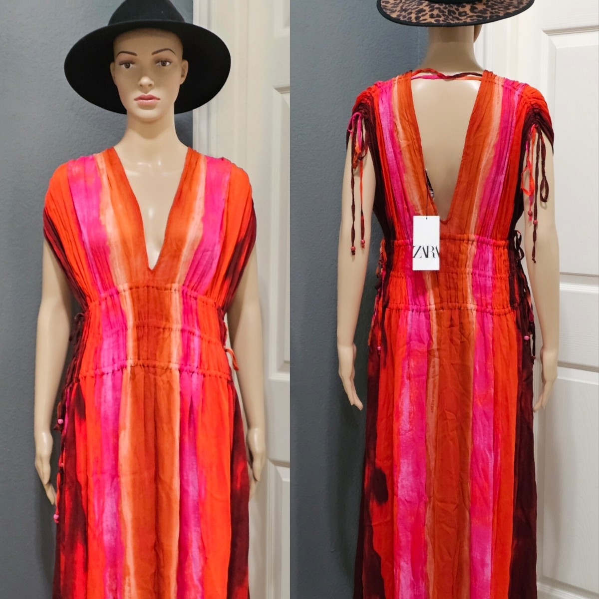 NWT ZARA WOMAN SLEEVELESS V-NECK BEAD APPLIQUES TIE-DYE MIDI NWT ZARA WOMAN SLEEVELESS V-NECK BEAD APPLIQUES TIE-DYE MIDI