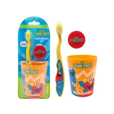 Brush Buddies Sesame Street Elmo Kids Manual Soft Bristle Toothbrush, Rinse Cup,
