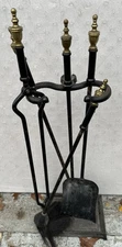 Vintage Set Brass & Cast Iron Fireplace Tools with Floor Base Holder Rack