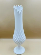 Vintage Fenton Milk Glass Hobnail Footed Swung Vase 12.5"