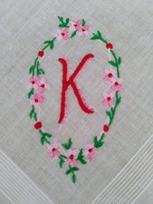 Vgt K Monogram Red Embroidery On White Cotton Hankie Handkerchief