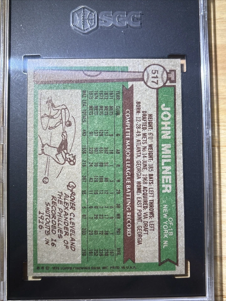 1976 Topps JOHN MILNER SGC 7.5 New York Mets #517 - Image 2 of 2