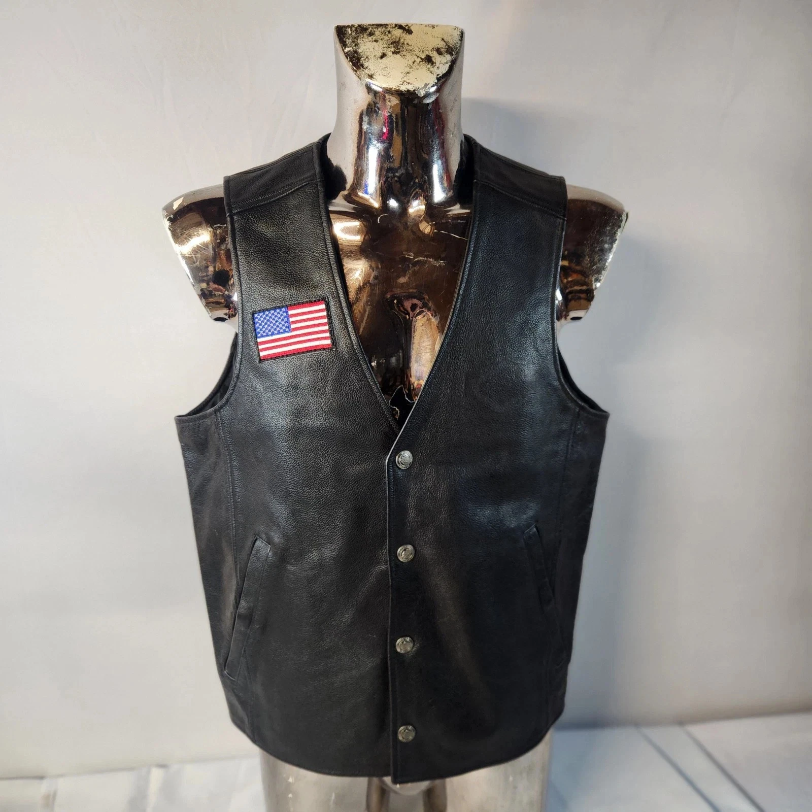 Men’s Premium Black Leather Vest – Eagle Patch Biker Motorcycle Riding