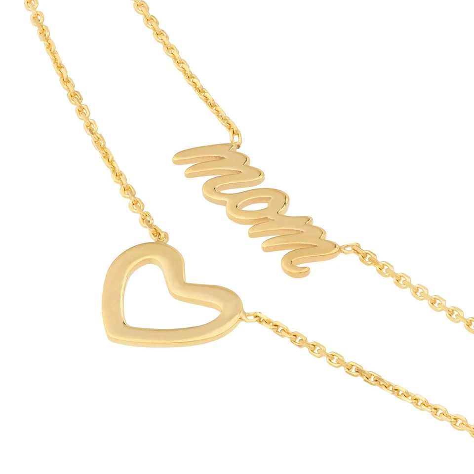 14K Solid Yellow Gold 0.80mm Script MOM and Open Heart Duet Necklace 2.44 grams - Image 2 of 4