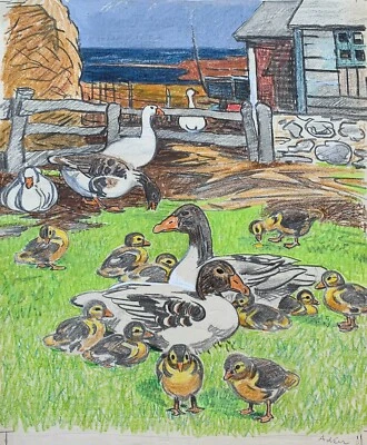 Aquarell Impressionist Karl Adser Küste Bauernhof am Meer mit Gänsen - Bild 1 von 4