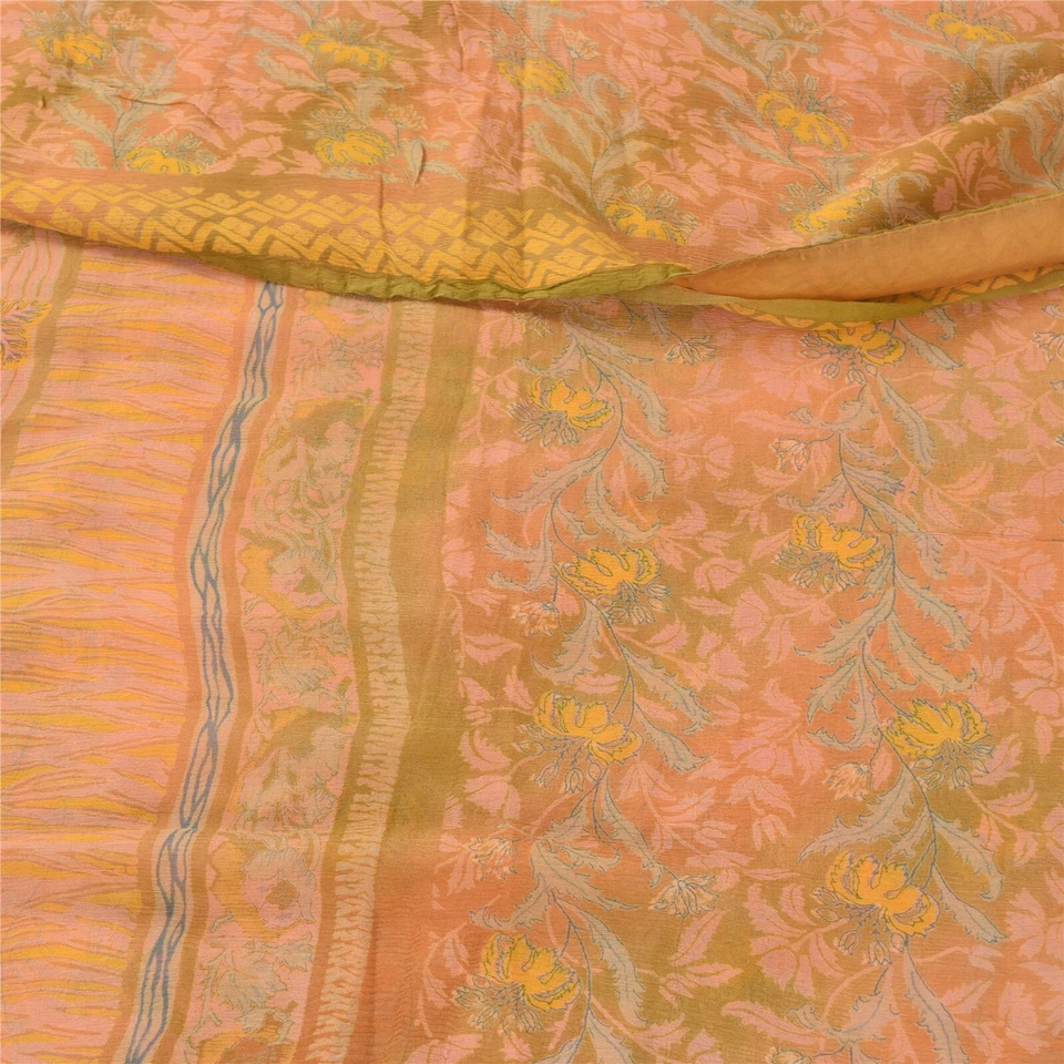 Sanskriti Vintage Sarees Indian Pink Pure Chiffon Silk Printed Sari Craft Fabric - Image 2 of 4