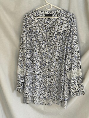 Tunic Blouse, white/blue Brush Stroke Design Peasant sleeve, S 22/24
