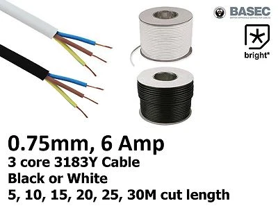 6 Amp 0.75mm Cable Flexible 3 core 3183Y Black White 1M 5M 10M 15M 20M 25M 30M