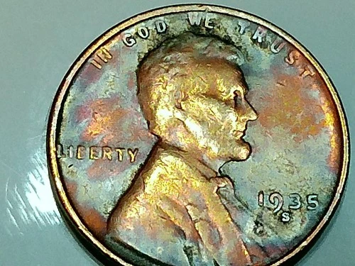 1935-S us copper penny - lite toning -colorful - rb - 3.0 gr. - good stamp & rim