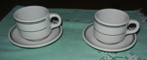 Vintage Homer Laughlin Green Stripe Restaurant Ware Mug Cup & Saucer Sets