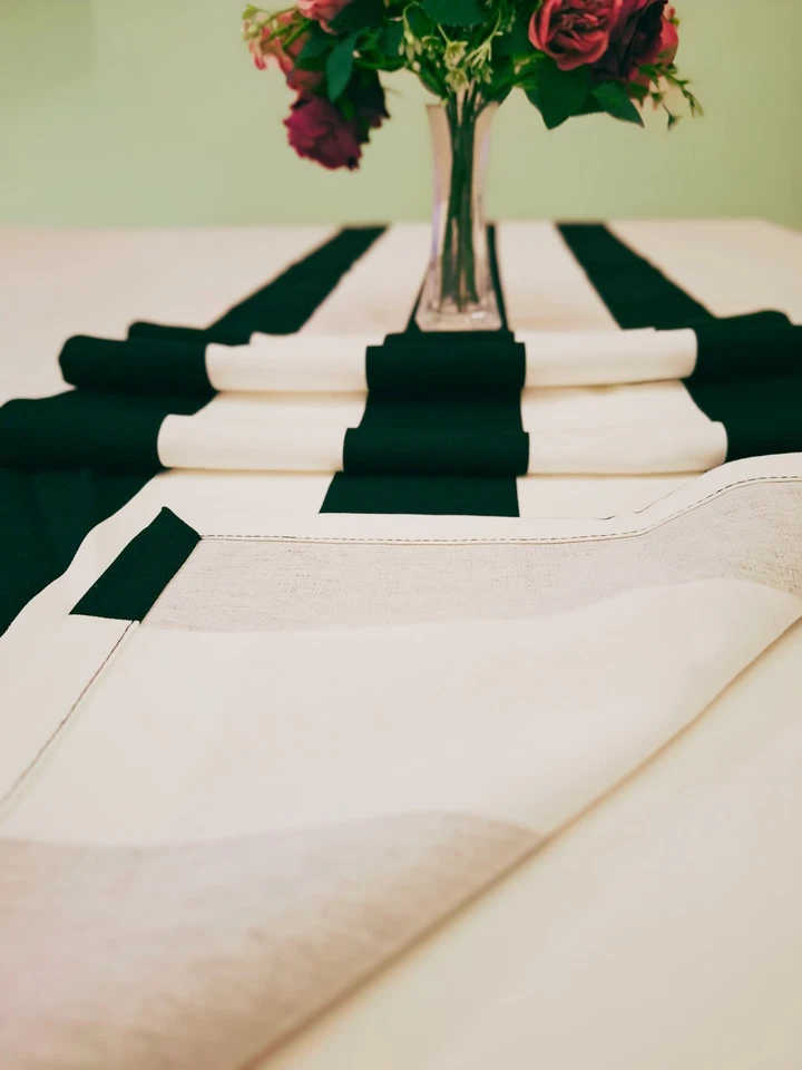 Table runner - Wide black & white stripe for events with French flair. Cotton. - Image 4 of 4