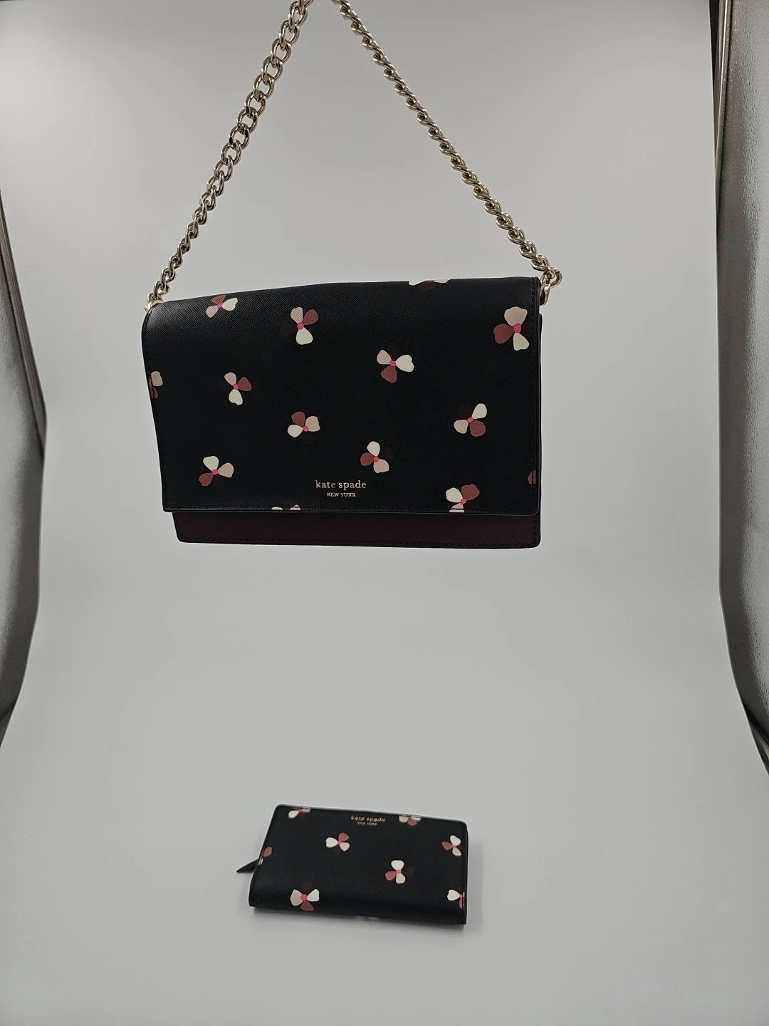 Kate Spade Black and Pink Floral with Chain With Matching Wallet