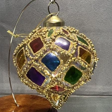 Glass Christmas Ornament Multicolor Hand Painted Gold Beaded Finial Drop Tree
