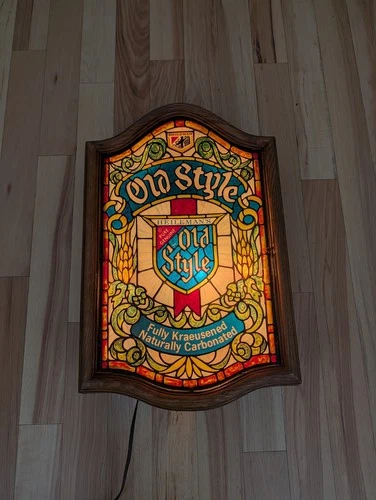 Vintage Heilemans Old Style Beer Faux Stained Glass Lighted Sign 15x24